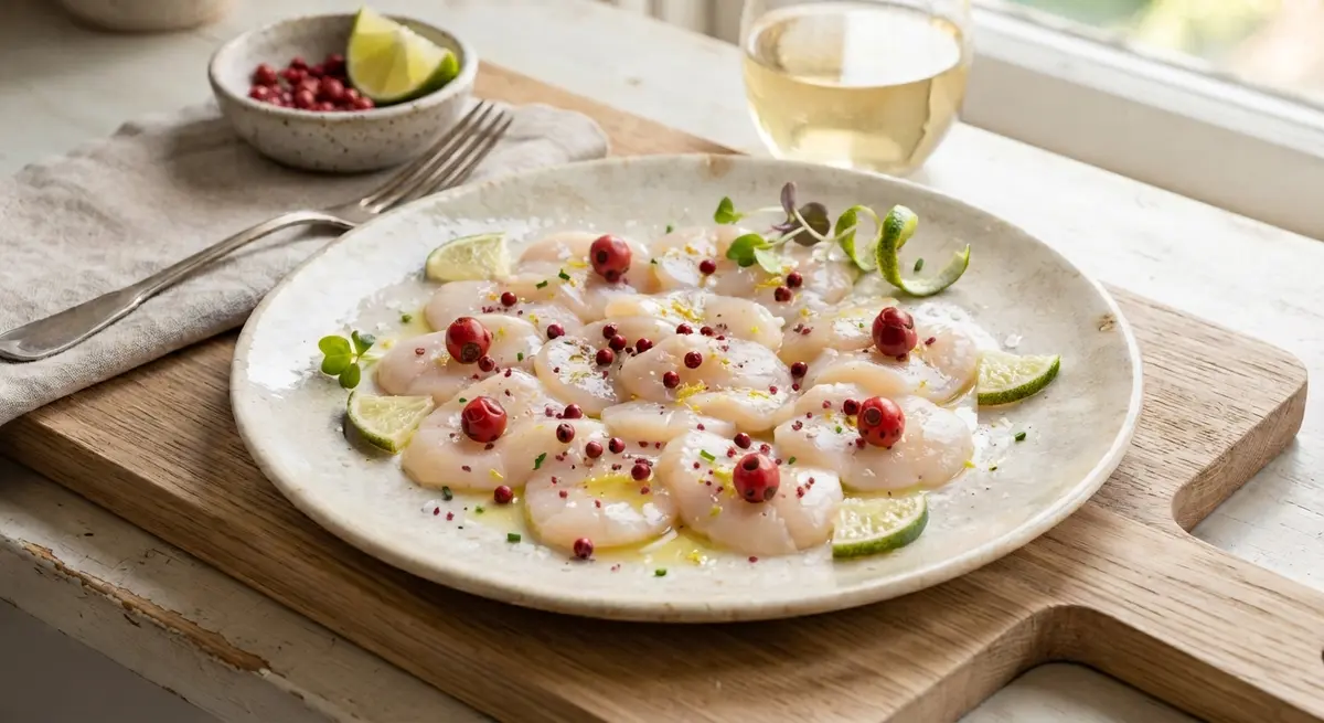 Scallop Carpaccio Lime Pink Peppercorns